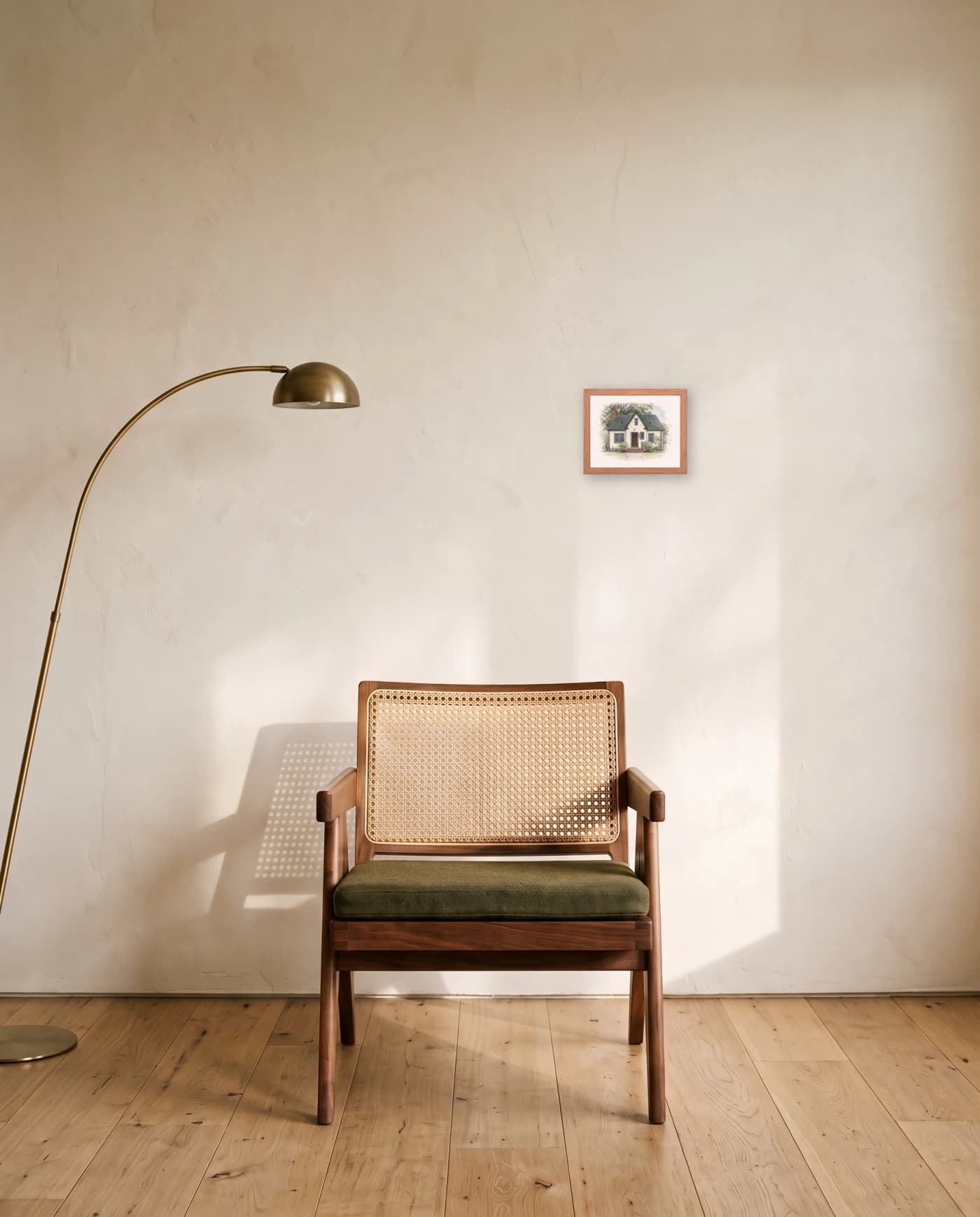 A framed house portrait in a red oak frame above a walnut and cane lounge chair, a slim brass floor lamp arcing in beside it.
