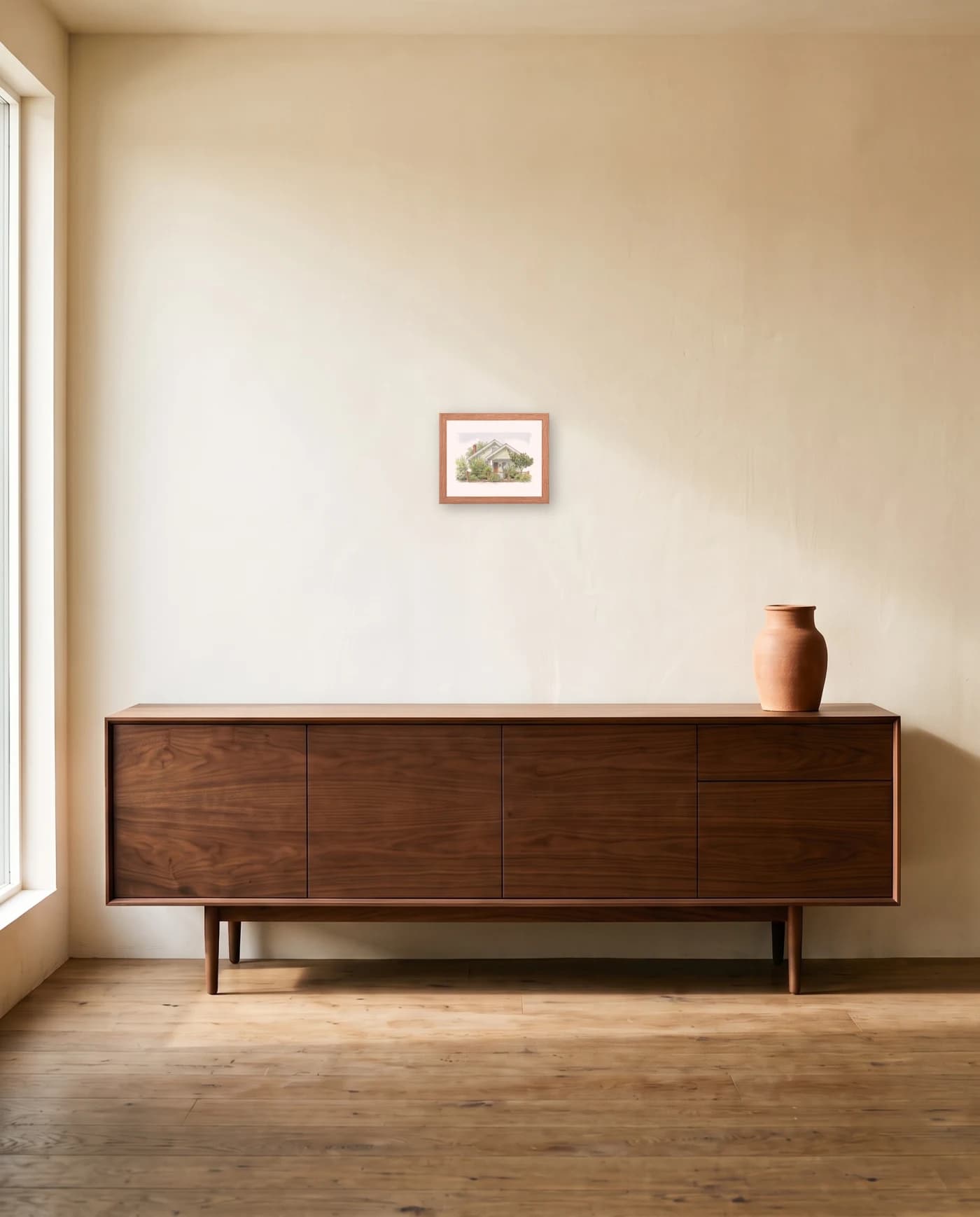 A framed house portrait in a red oak frame above a long low walnut credenza with a terracotta vessel at the far end.