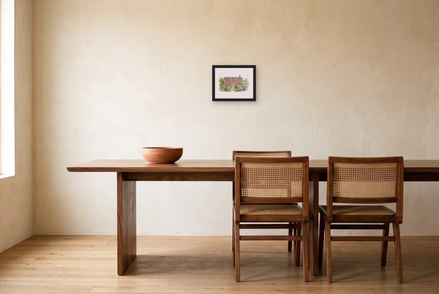 A framed house portrait in a black frame on a plaster dining room wall, the end of a walnut table with two cane chairs and a low ceramic bowl below.