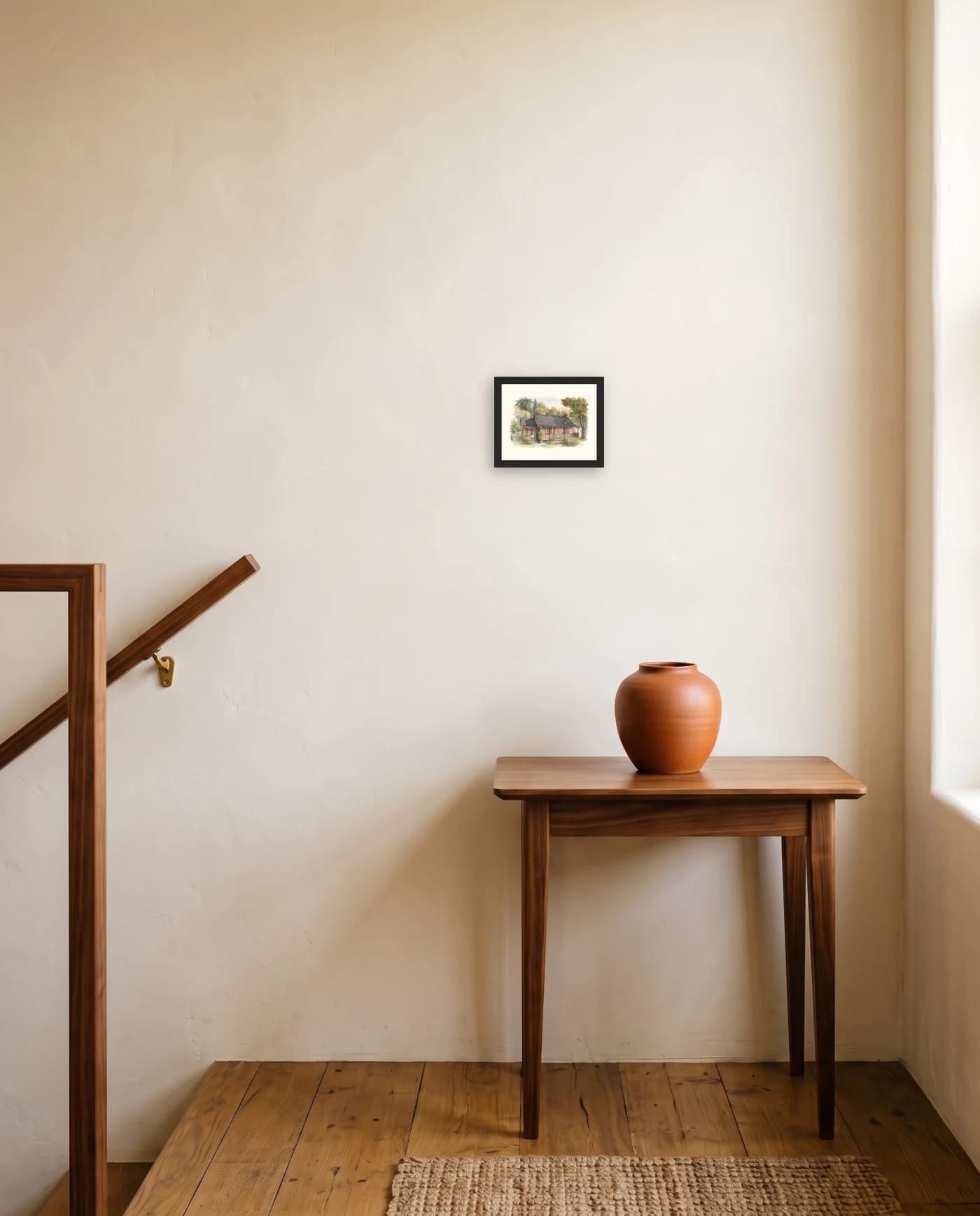 A framed house portrait in a black frame on a stair landing wall, a small walnut table with a ceramic vessel below.