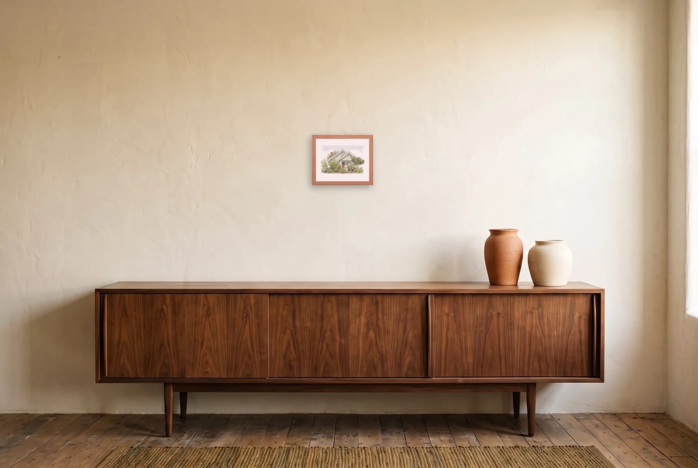 A framed house portrait in a red oak frame above a long low walnut sideboard with two ceramic vessels.