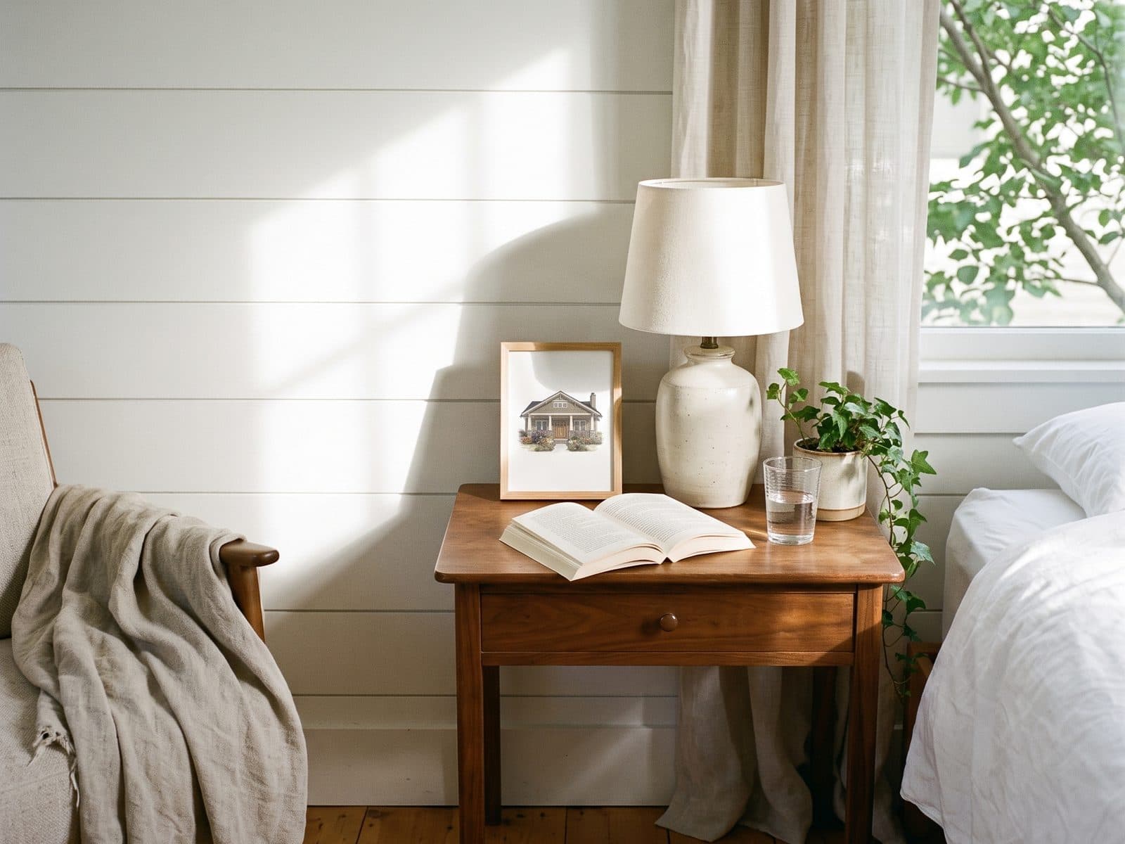 The framed portrait on a bedroom wall above a walnut nightstand and a reading lamp.
