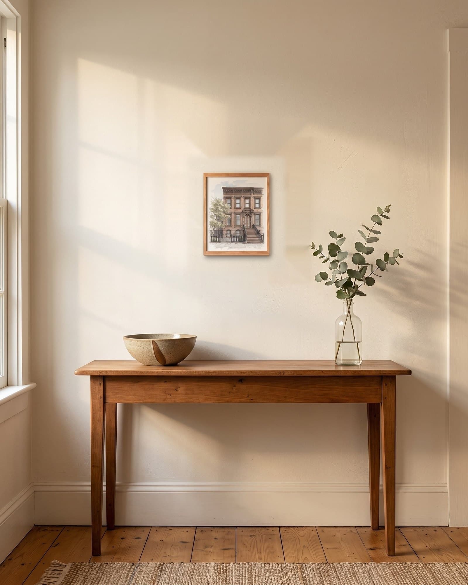 The framed portrait in red oak on an entryway wall, above a wooden console with a bowl and a stem of eucalyptus.