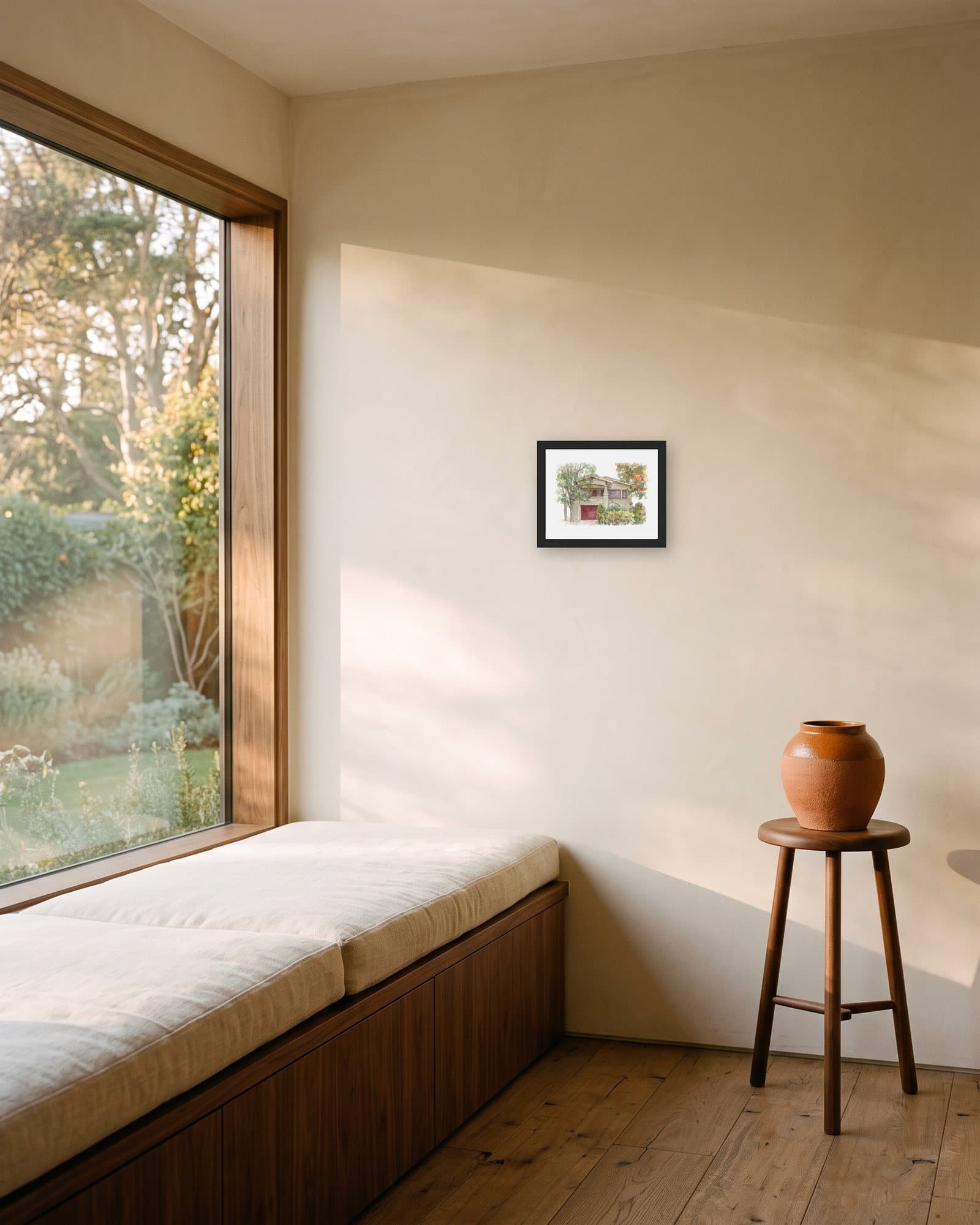 The framed portrait in a black frame above a window seat with a linen cushion, a walnut stool and a terracotta vessel beside it.