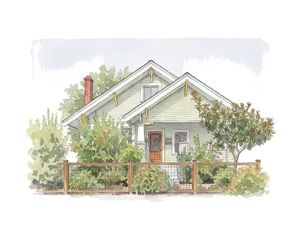 A house portrait in ink and watercolor, made from a listing photo, on untouched paper.